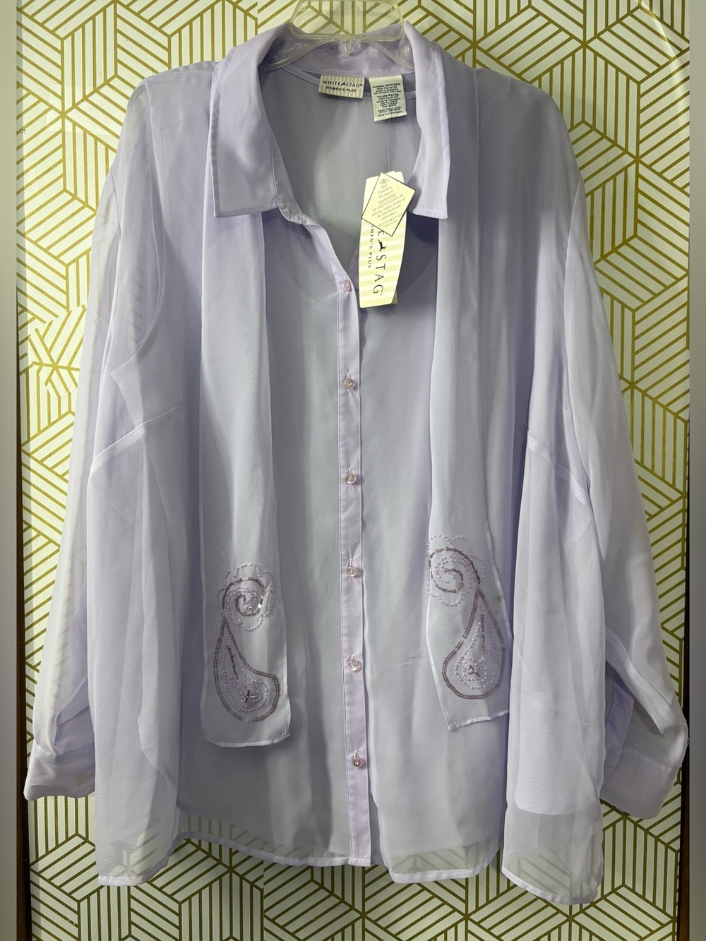 White Stag Light Lavender double layered Sheer Button-Down Shirt 26w/28w